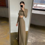 Wide Leg Pant Women Two Piece Set Long Sleeve Solid Autumn Casual Outfit Matching Set Casual Homewear 2021 Crop Top