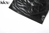 Kliou Simple Faux PU Leather Two Piece Set Women Concise Skinny Sleeveless Vest+ Sexy Unique Cut Out Skirt Streetwear