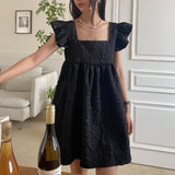 Woherb Korean Chic Summer New Style Small Pure And Fresh And Sweet Show Thin Jacquard Loose Reduce Age Flounce Square Collar Dress Female-Outfit
