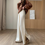 Winter Thick Knitted Women's Wide Leg Pants Side Split Elastic Waist Solid Straight Long Pant 2022 Casual Trouses
