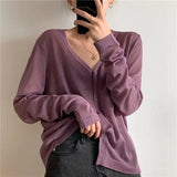 Women Korean Long Sleeve Cardigan Summer Cropped Cardigan Knitted V Neck Thin Ice Silk Blouse Sunscreen Shirt