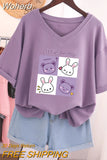 Plus Size T Shirt 100% Cotton L-5XL Tshirt Short Sleeve Women Top 2023 Summer Cartoon T Shirt V Neck Oversized T Shirts-Outfit