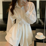 Woherb Suit Female Summer 2024 New Korean Version Long-Sleeved Shirt Dress High Waist Casual Shorts Two Sets-Outfit