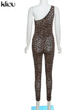 Kliou Flocking Mesh Jumpsuit Inclined Shoulder Leopard Style Patchwork One Piece Clothing Sexy Midnight Clubwear Female