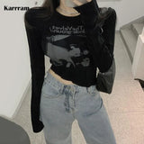 Fairy Grunge T Shirt Women Velvet Underground Print Tight Irregular Crop Top Dark Academia Gothic Clothes Emo