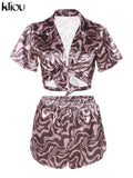 Kliou Camouflage Print Two Piece Set Women Summer Hot Beach Notched Sexy Cleavage Female Tops+Casual Lace Up Silky Skinny