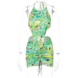 2021 Print Sleeveless Bodycon Halter Hollow Out Sexy Top Mini Dress Set Summer Women Fashion Streetwear Outfits