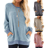 / Winter 2023 Round Collar Color Pocket Hoodie Sweatshirt Long-Sleeved Casual T-Shirt Women-Outfit