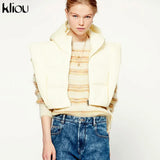 Kliou Side Hollow Out Women Cotton Jacket Unique Irregular Shape Bandage High Street Top Autumn Sleeveless Zipper Hooded