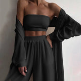 Women Three Piece Sets Fashion Casual Wrap Solid Tops And Wide Leg Pants Suits Homewear Elegant Soft Female 3 Piece