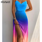 Women Ombre Chain Linked Cowl Neck Split Thigh Slip Dress Elegant Femme Tie Dye Spaghetti Strap Maxi Evening Party Dress-Outfit