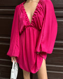 Autumn Women's Skirt Lantern Sleeve V Collar Sexy Temperament High-End French Retro