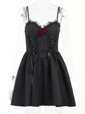 Dark Tie Up Mall Gothic Elegant Women Dresses Grunge Aesthetic Jacquard A-Line Dress Emo Lace Trim Black Party Alt Clothes-Outfit