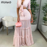 Women Stripes Two Piece Dress Sets Suits Short Sleeve Tie Front Top and Long Maxi Skirt Set-Outfit