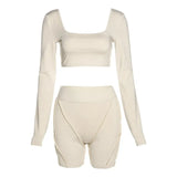 Kliou Biker Style Shorts Two Piece Set Women Autumn Harajuku Simple Square Collar Top+Solid Streak Decoration Sheath