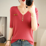 Woherb 2024 New Short Knit Women's Fashion Slim Short-Sleeve T-Shirt Thin Medium Sleeve Top-Outfit