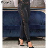 Women Contrast Lace High Waist Skinny Pants 2022 New Sexy Femme Cut Out Long Elastic Trousers Office Lady Clothing traf-Outfit