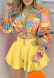 Sweet V-neck Puff Sleeve Crop Plaid Print Hollow Out Loose Two Piece Shorts