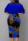 Printed Vintage Bow Short Sleeves Cascading Ruffle Pencil Midi