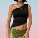Vintage Chinese Style Print Crop Top Asymmetric Slim Fit One Shoulder Vests E-girl Aesthetic Fashion Women Summer Tank