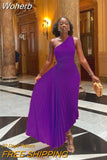 Women High Waist Hollow Out One Shoulder Cutout Pleated Dress Evening Party Ankle Length Long Dress Sleeveless Sexy Slim-Outfit