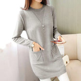 Sping Winter Women Black Sweaters Casual Solid O-Neck Long Sleeve Knit Sweaters Loose Pockets Mid Length Pullover Female