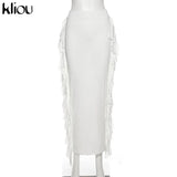 Kliou Side Tassel Women Skirt Elegant Unique Robe Straight Skinny Hight Waist Stretchy Hot Streetwear Style Female