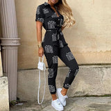 Rompers Fashion Jumpsuits Women Turn Down Collar Short Sleeve Print Jumpsuit For Women Elegant Work