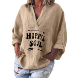 Size 5XL Womens T Shirt V Neck Long Sleeve Cotton Linen Kaftan Ladies Baggy Tee Shirt Femme Tops Loose Letter Print