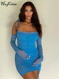 Solid Mesh Halter Long Sleeve Pleated Sexy Mini Dress 2021 Summer Fall Bodycon Party Club Elegant Streetwear Outfit