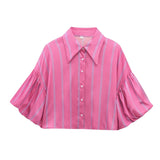 Short Top 2025 Spring New Five-Point Sleeve Bubble Bubble Sleeve Loose Stripe Small