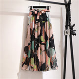 Spring Summer Women Midi Skirt Chiffon Floral Printed Skirt High Waist Casual Bohemian Beach Fashion Casual Skirts QT118-Outfit