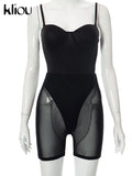 Kliou Mesh Midnight Two Piece Set Women Solid Hot Strapless Body-Shaping Bodysuits+High Waist See Through Short Short