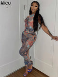 Kliou Mesh Paisley Print Two Piece Set Women Skinny O-Neck Sleeveless Top+ Multi-Color Pencil Pants Streetwear Female