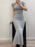 Trendy Women's Dress Street Shot Square Collar Fishtail Short-Sleeved Dress Slim Body Shows Thin Buttocks Spicy Girls Short Skirt-Outfit