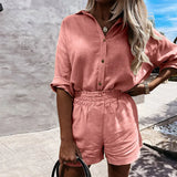 Women Linen Shorts Set 2021 Turn-down Collar Long Sleeve Top Shirt And Shorts Casual Two Pieces Set Loose Outfit