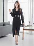 2 Pieces Outfits Elegant Women Lady Temperament Notched Neck Belt Midi Dress Robe Vestidos Sexy Sheer Lace Party Slim Set-Outfit