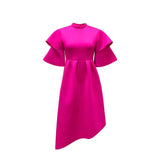 Summer Double-layer Ruffle Ruffled Sleeve Solid Color Wide Hem Dress