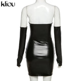 Kliou Faux PU Leather With Gloves Party Dress Women Backless Sexy Hot Clubwear Skinny Slim Solid Fashion Bodycon Mini