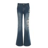 High Street Plant-Print Wash Jeans 2025 Autumn To Make Old Low-Rise Micro-Tipped Trousers