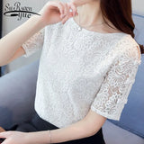 2021 Summer Solid Lace Fashion Women Blouses Shirts Chiffon Elegant White Light Blue Short Sleeve Female Tops Blusas 0361