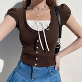 Sweet Lace Fake Two Splicing Repair Short-Sleeved T-Shirt Top Women 2025 Spring And Summer INS Wind