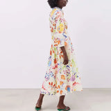 Women Summer Vintage Shirts Dress 2023 3/4 Sleeve Print Turn-down Collar Sashes Female Elegant Mid-Calf Dresses-Outfit
