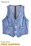 2023 Women Summer Denim Vests Coats Fashion Solid Pockets Buttons V-Neck Female Elegant Street Waistcoat Vest Clothing-Outfit