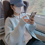 Woherb Milk Blue Sweater Coat Female Autumn Winter Loose Languid Lazy Wind Gentle Foreign Style Jacket Salt Department Knit Cardigan-Outfit