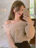 2021 Fairy Princess Design Girls Women Lantern Sleeve Chiffon Shirt Lace Mesh Thin Transparent Sexy Off Shoulder Tops