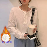 Sleeve T-shirts Women Elegant Simple Pure Button Design Retro Ins Autumn Ladies Tees Top All-match BF Style Mujer