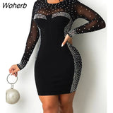 Women Rhinestone Sheer Mesh Bodycon Mini Dress 2022 Femme Long Sleeve Transparent Skinny Party Robe Sexy Lady Club Clothing traf-Outfit