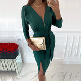 Elegant Women Dress Autumn Fashion Sexy Deep V-neck Lace-up Long-sleeved Slim Dress Vintage Solid Casual Ladies Party
