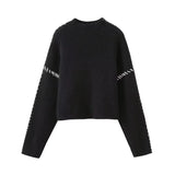 Women's 2025 Sweater Autumn Round Knitted Shirt To Keep Warm And Catch Chic Color Splicing Wiring Sweater